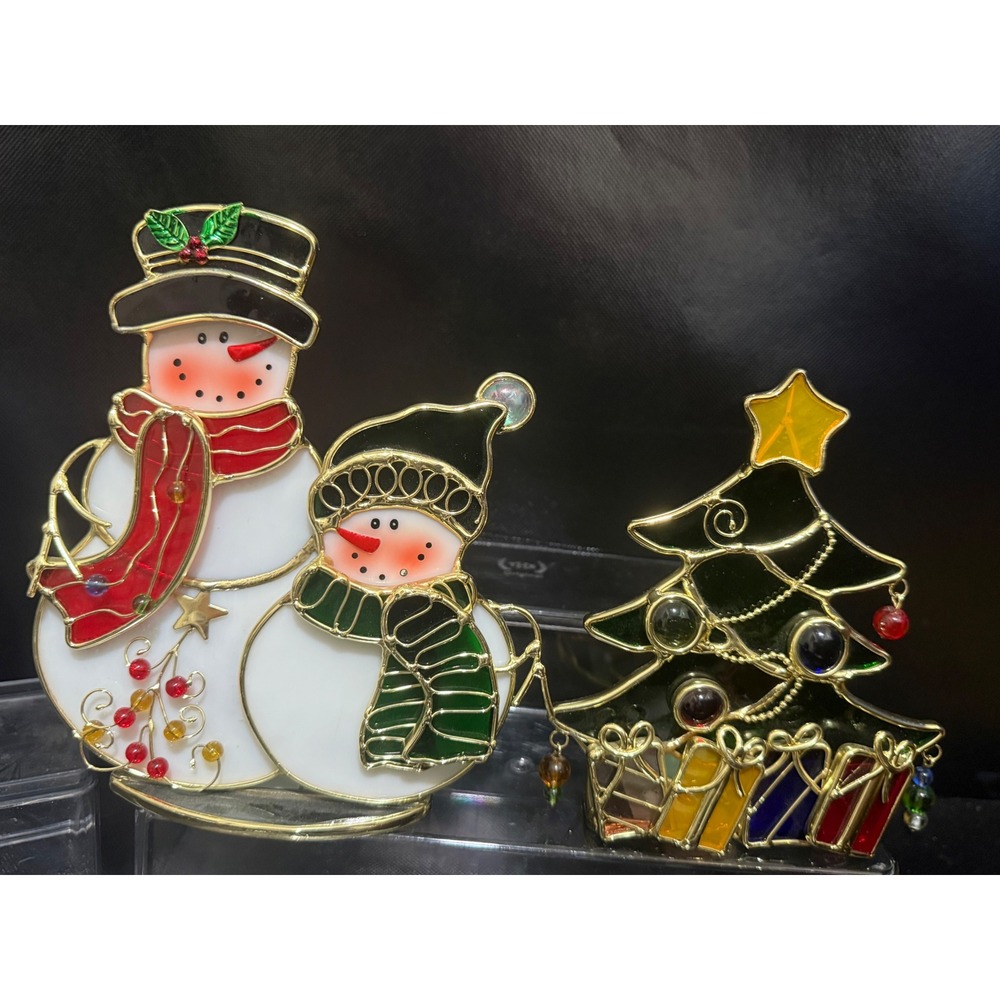 Stained Glass Snowman Family Christmas Tree Holiday Decor